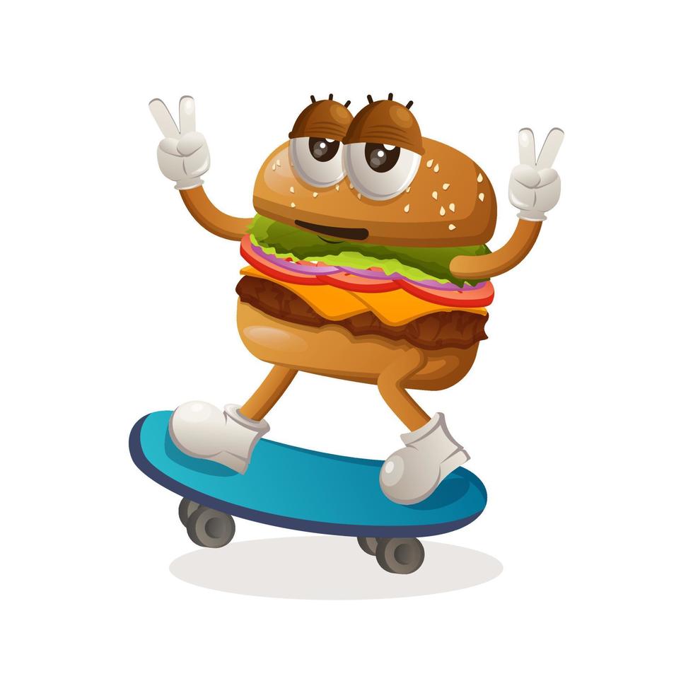 diseño lindo de la mascota de la hamburguesa jugando al monopatín, andando en monopatín vector