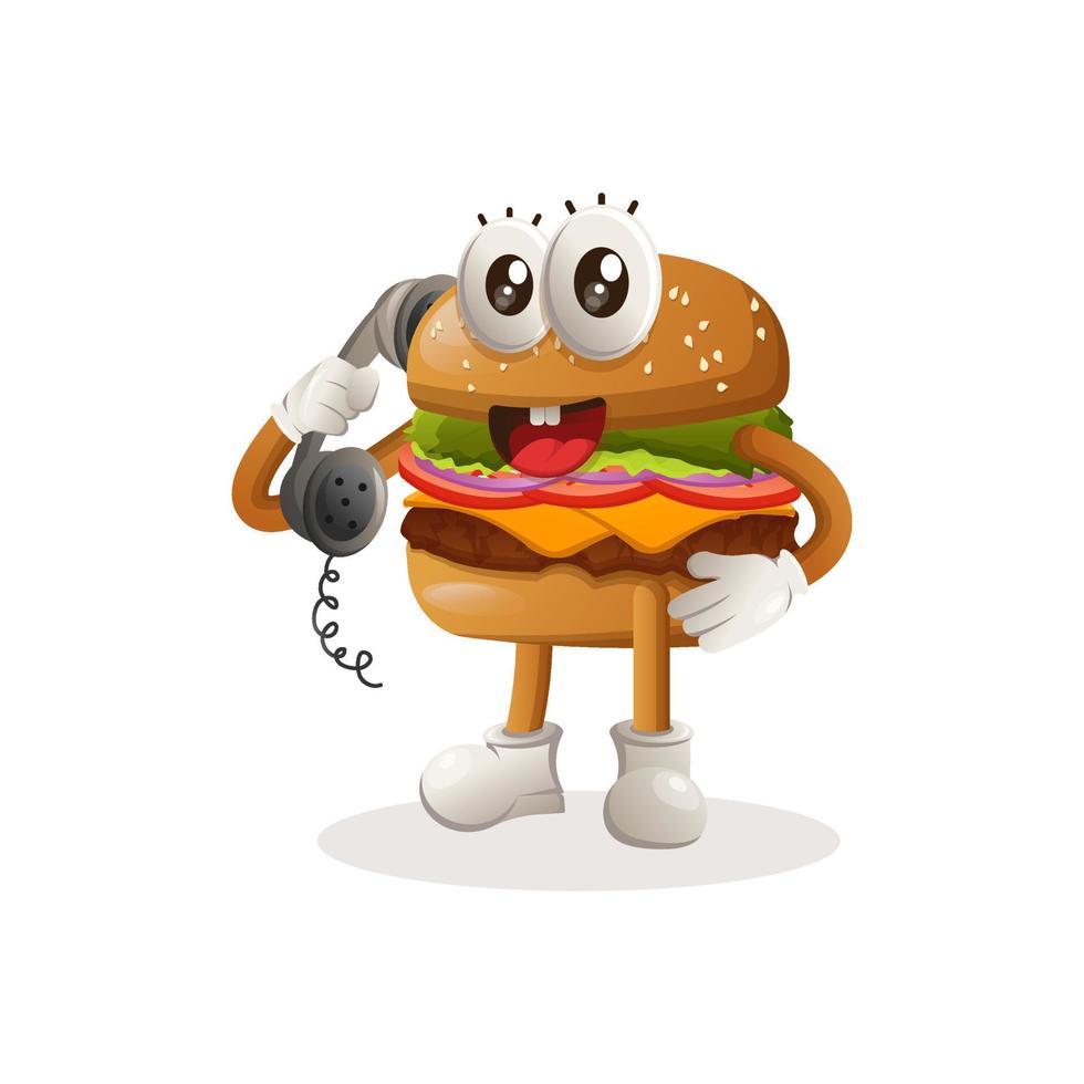 lindo diseño de mascota de hamburguesa levanta el teléfono, responde llamadas telefónicas vector