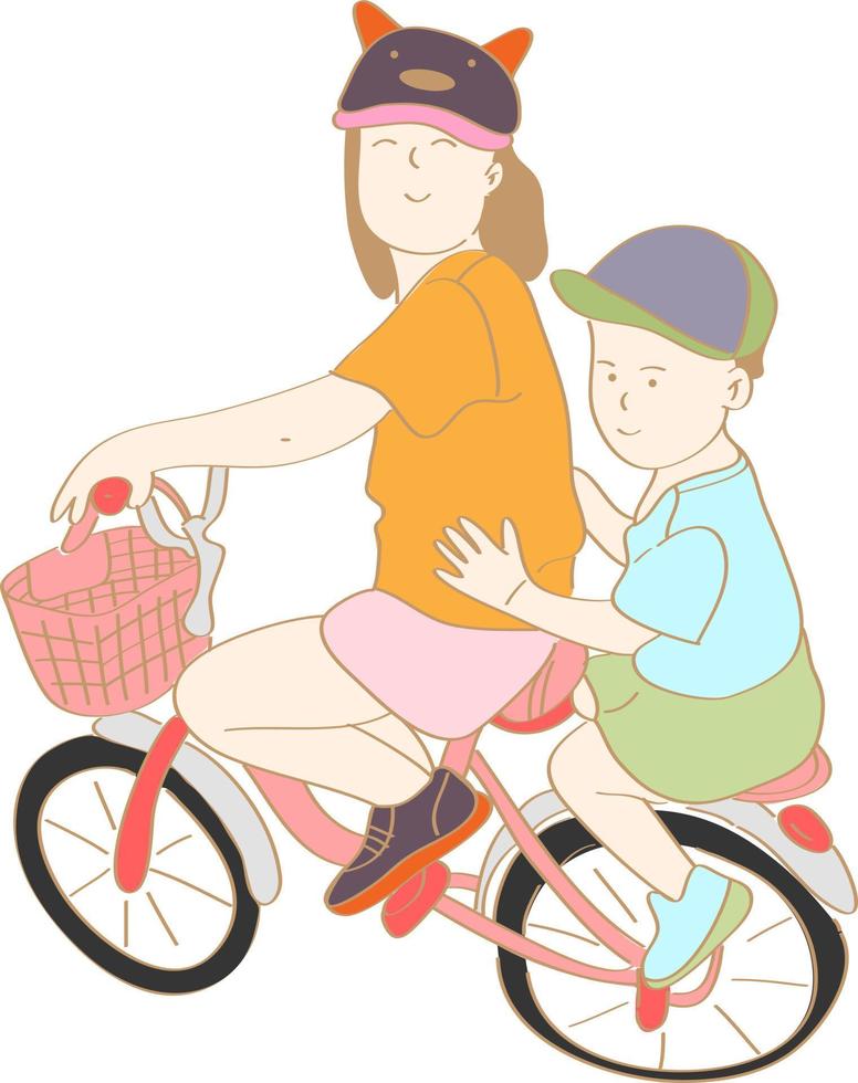 hand drawn siblings riding bicycles vector