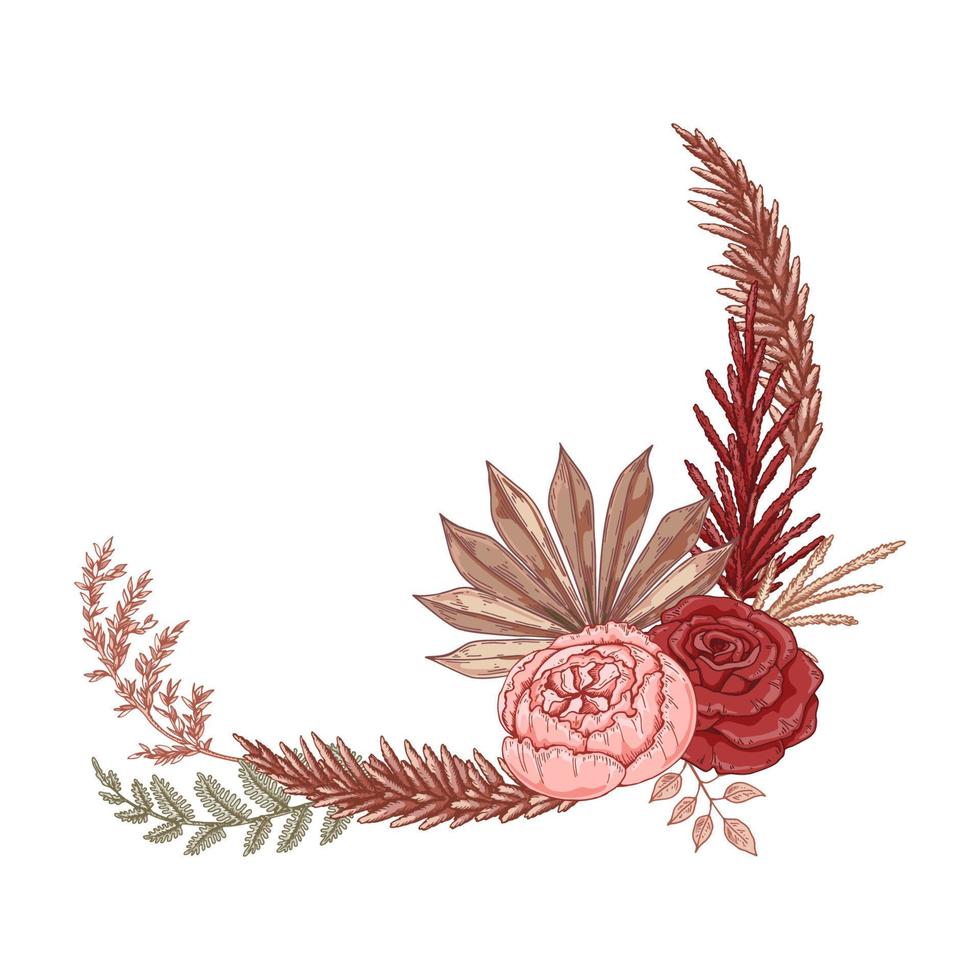 Modern dried flowers composition. Boho bouquet. Hand drawn vector illustration