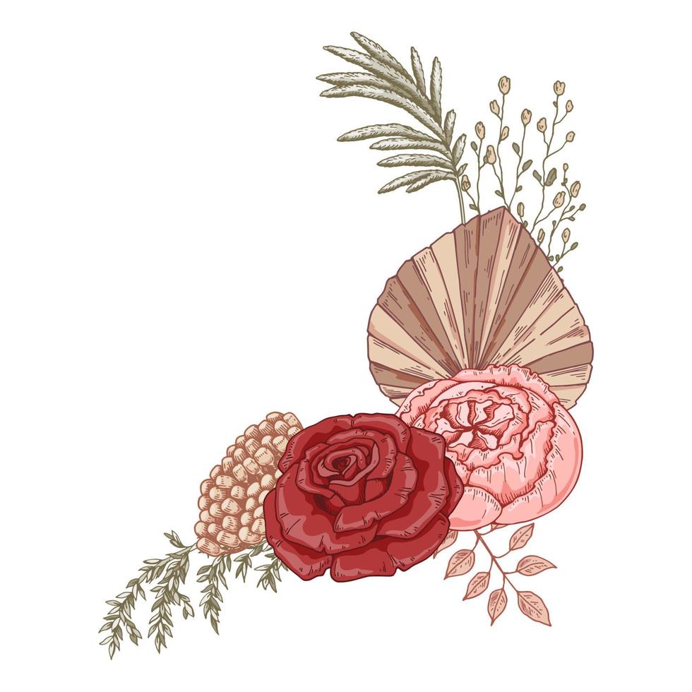 Modern dried flowers composition. Boho bouquet. Hand drawn vector illustration