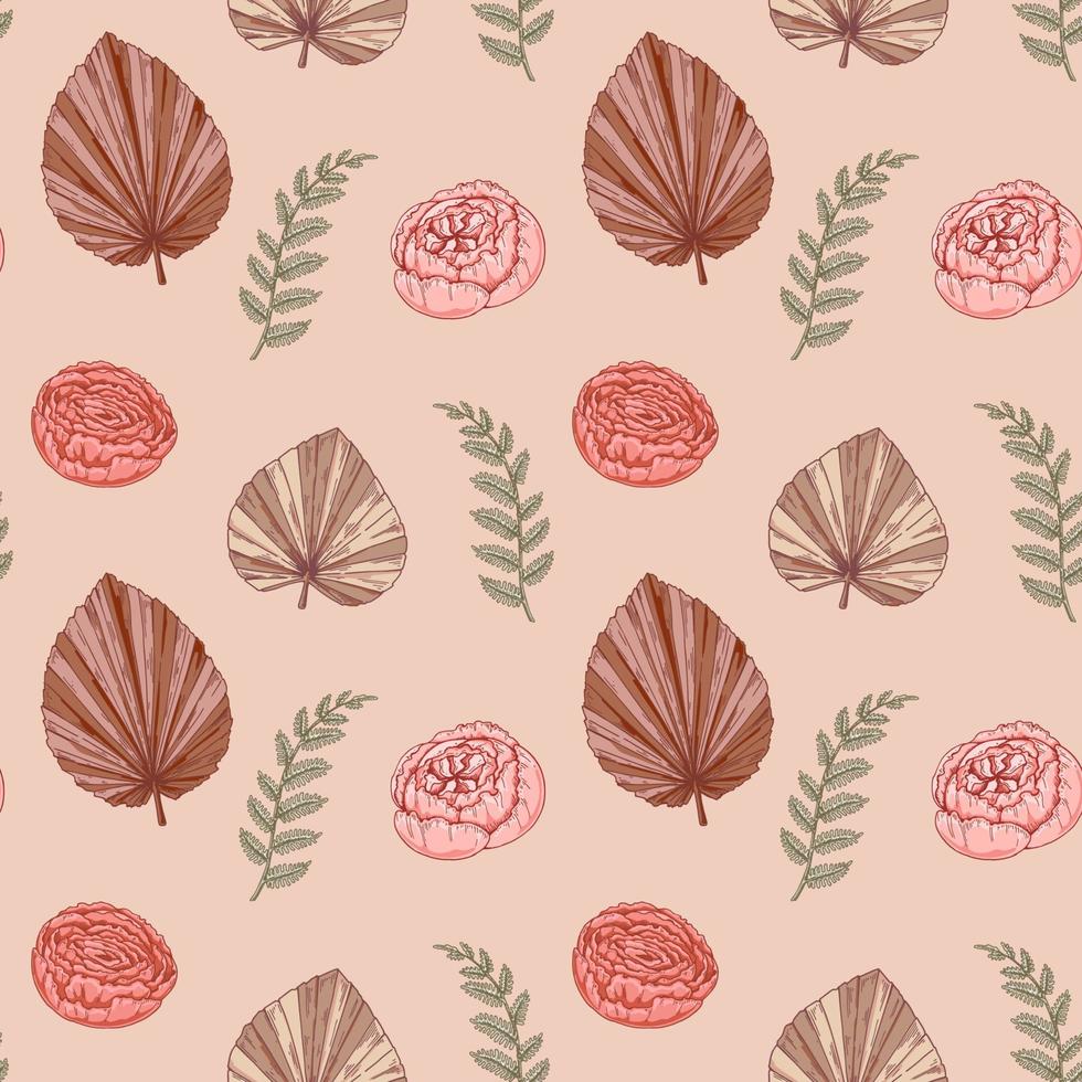 Vintage seamless pattern with roses. Boho wallpaper design. Hand drawn vector illustration