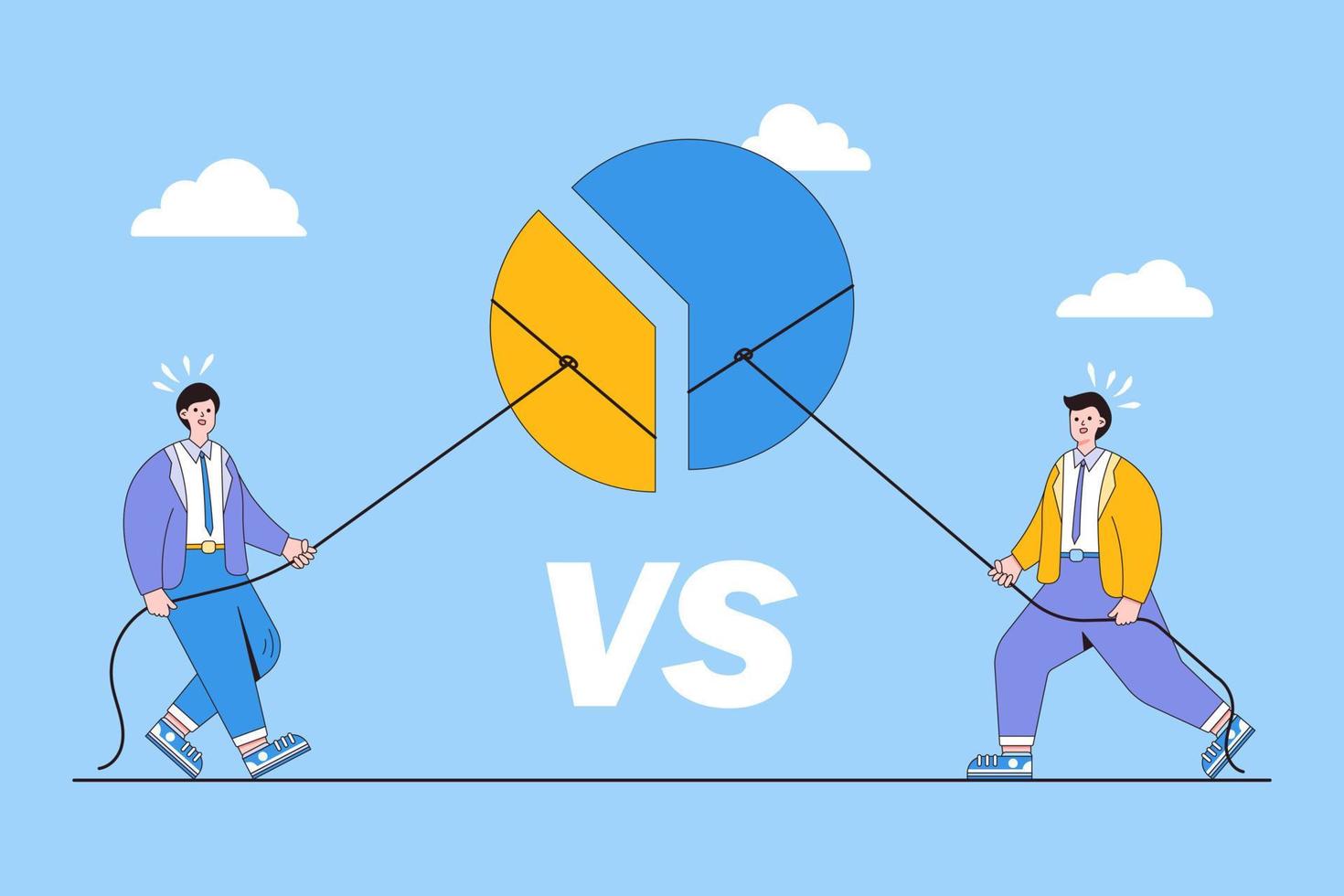 porcentaje de cuota de mercado, lucha por el beneficio financiero económico, oportunidad de negocio, rivalidad competitiva, batalla para ganar conceptos de venta. dos hombres de negocios para tirar de partes del gráfico circular a su propio lado vector