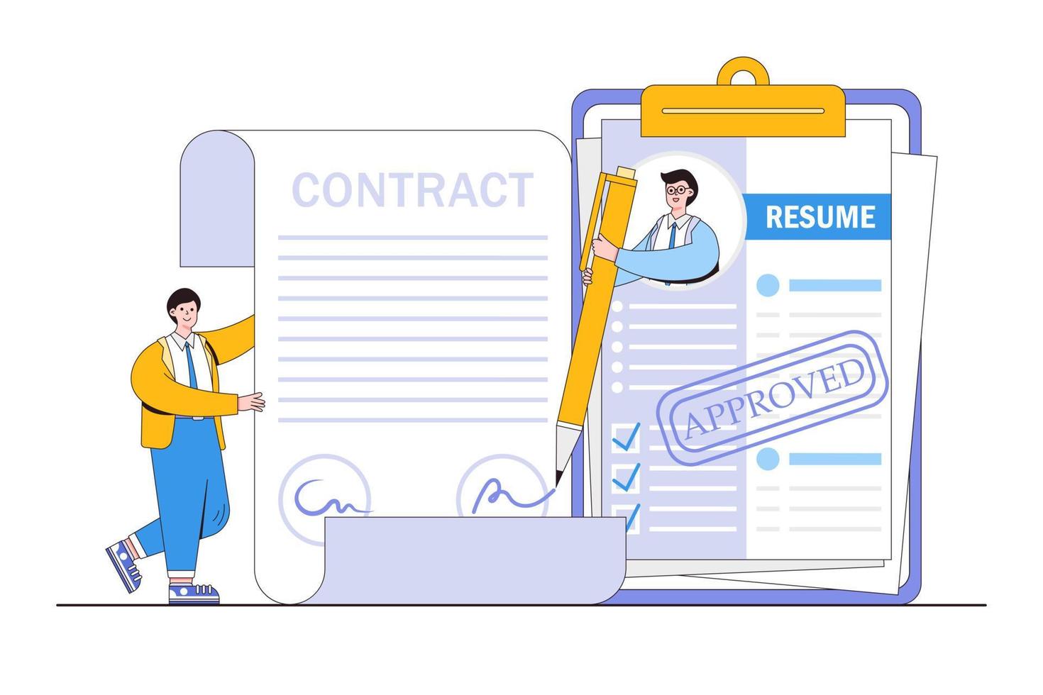 Successful candidate getting job with best resume, human resources management, found right profile of applicant concepts. Businessman out from CV papers and signing contract agreement with employer vector