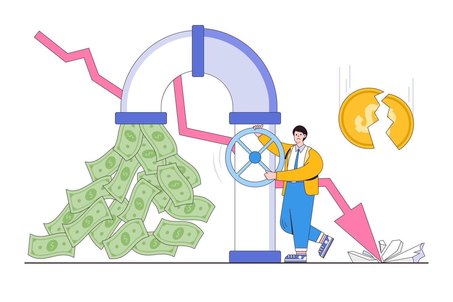 Sunk cost investment problem, financial crisis, budget expenses failure, falling income, economics bankruptcy, poor management concepts. Businessman investor opening money pipes with graph arrow down vector