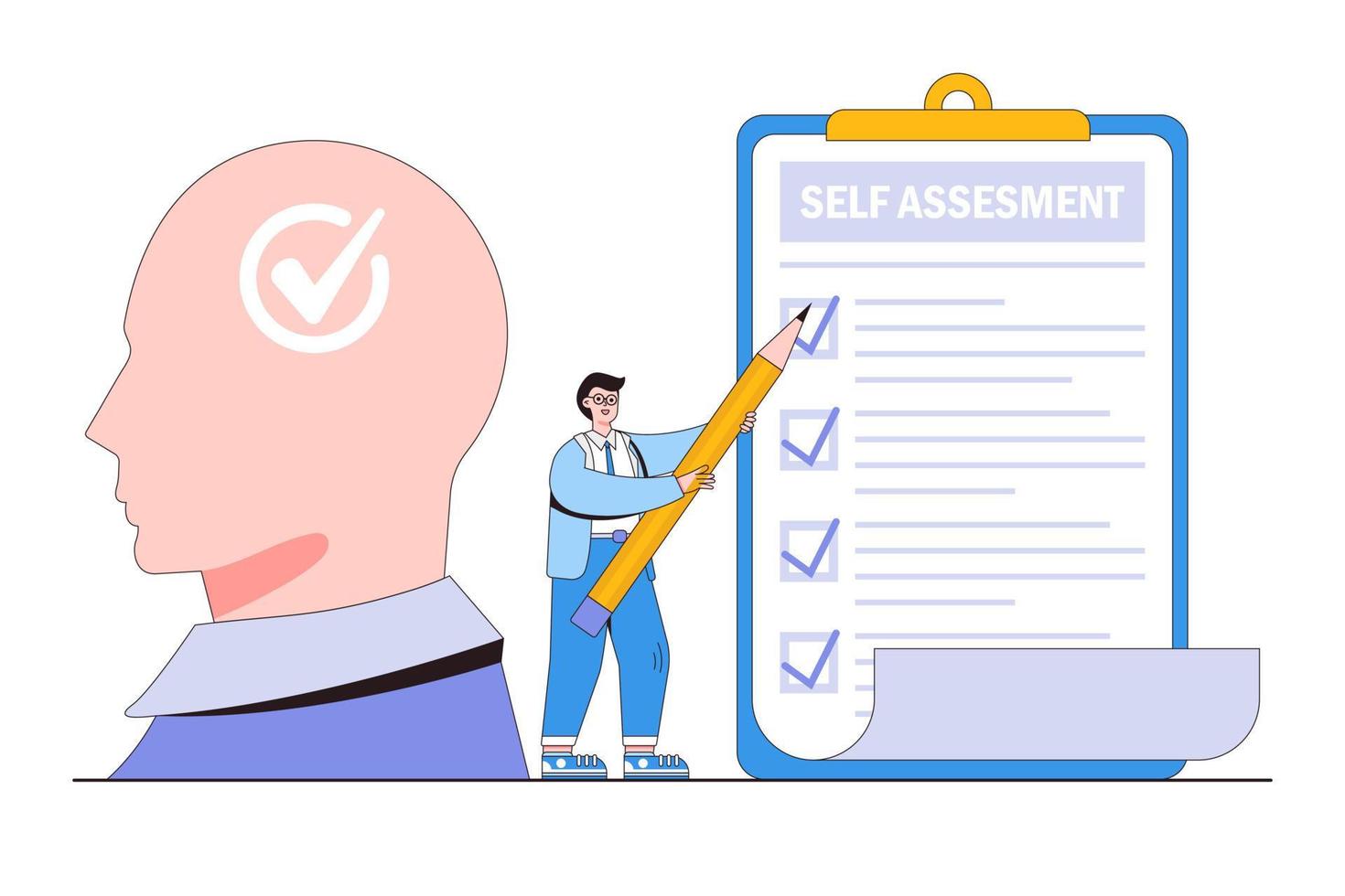 autoevaluación, análisis del desarrollo profesional para evaluarse a sí mismo, analizar facetas importantes para construir identidad, conceptos de procesos de mejora del trabajo. hombre de negocios dando cheque en la casilla de verificación de revisión personal vector