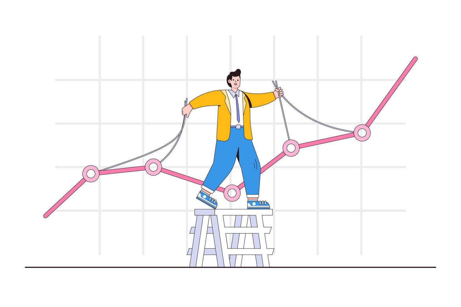 Stock market manipulation, change business graph indicator, influence crypto currency price for benefit or profit concepts. Businessman climb on ladder to control financial graphic chart at same time vector