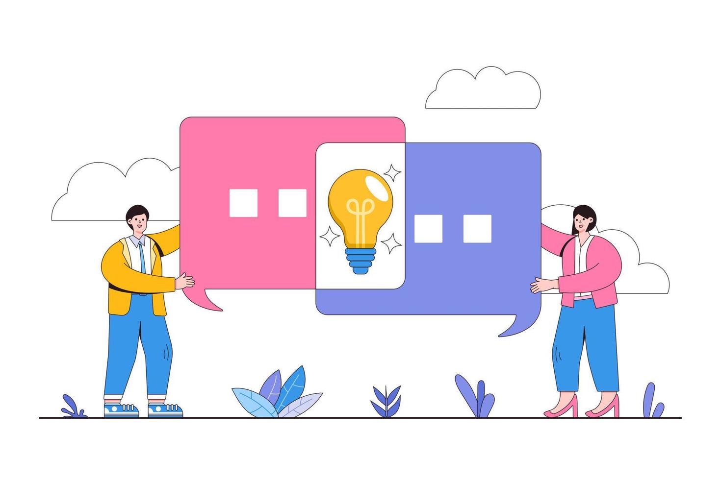 Good communications skills, speak to explain thinking, brainstorm in meeting, work discussion and receive information concept. Businesspeople talk with connect speech bubble and create lightbulb idea vector