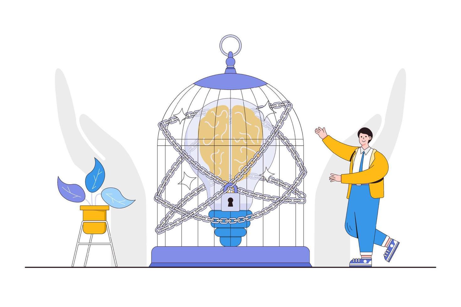 Intellectual property rights for trademark protection, digital rights defense, patent license agreement concepts. Businessman owner locked bird cage with padlock to protect brain of idea in lightbulb vector