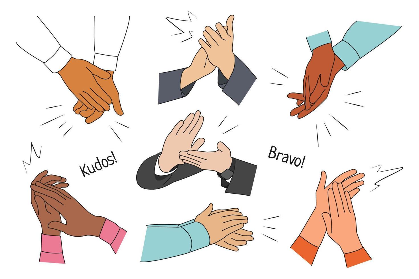 Hands of various people male or female Applaud. Cheering, ovation, Applauding concept. People thank speaker or trainer for presentation. Excited Audience Clap after performance. Vector illustration.