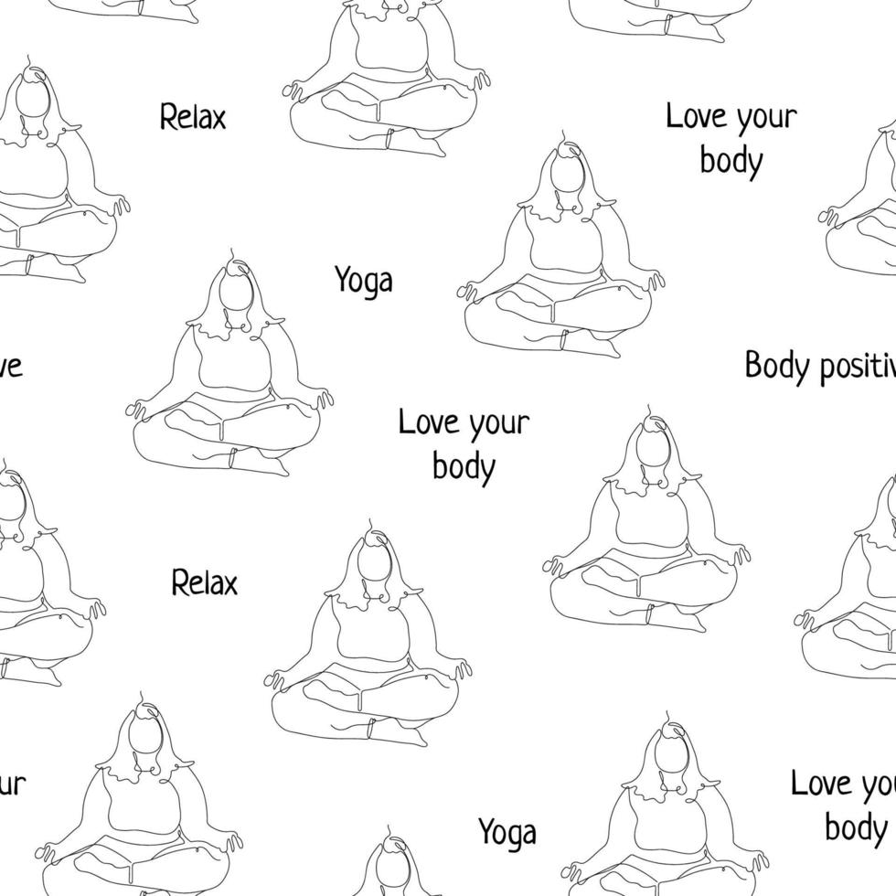 Seamless Pattern with Body Positive women. Line art style women sitting in Lotus position. Self-acceptance, Body Positivity. For your fabric, paper, packaging design. Vector illustration.