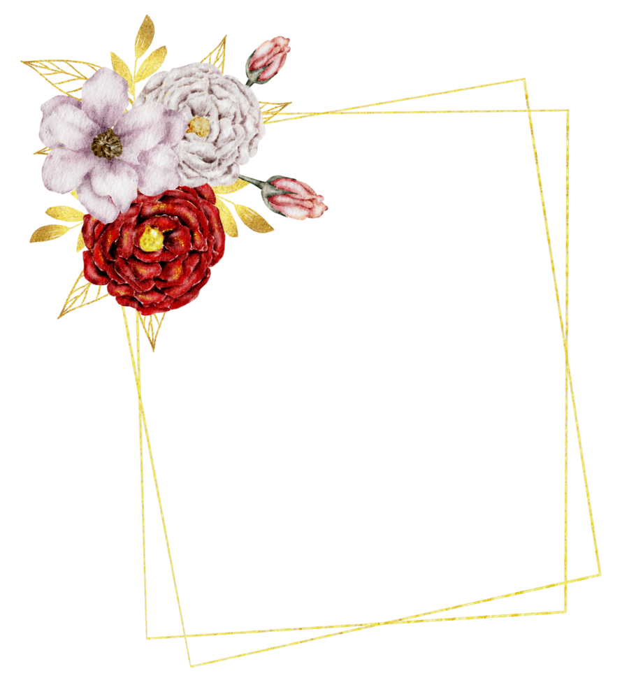 aquarela de coroa de flores rosa e vermelha com moldura de ouro png