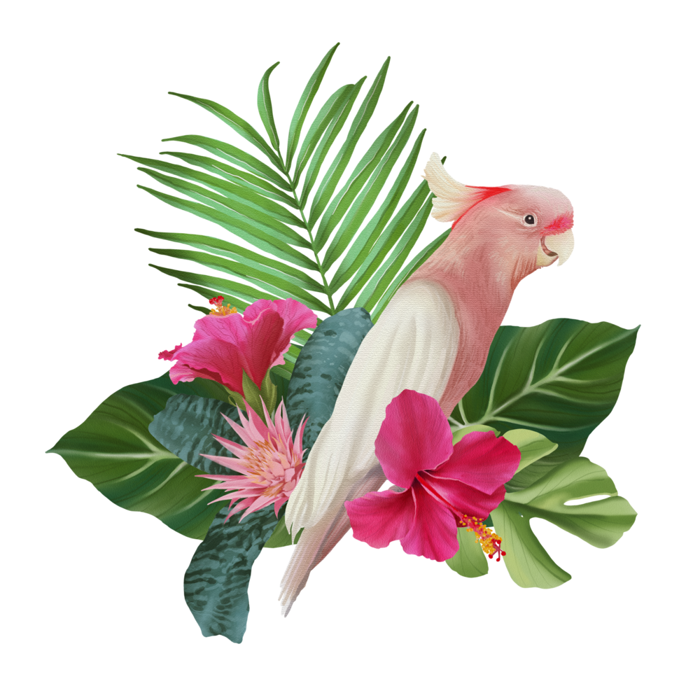 Tropical composition with bird watercolor hand paint png