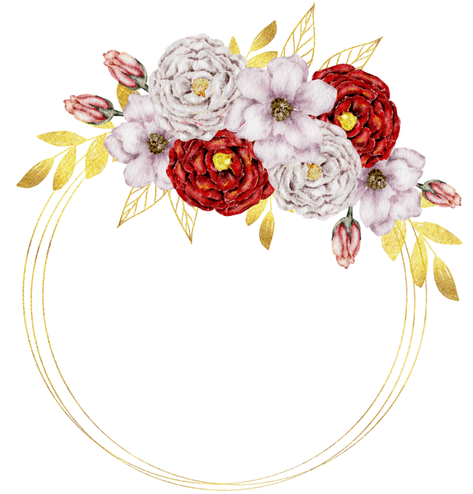 aquarela de coroa de flores rosa e vermelha com moldura de ouro png