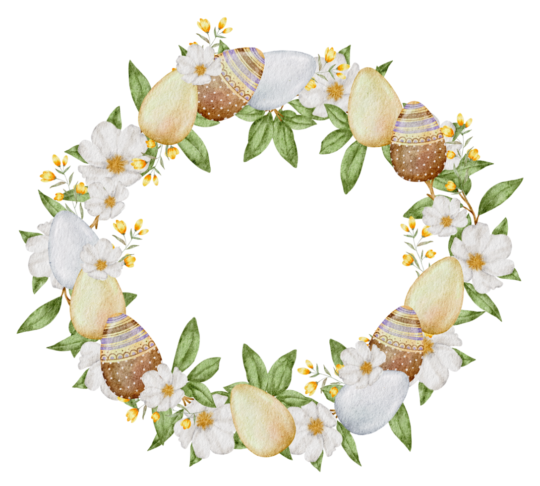 Easter wreath watercolor with Eggs and flower png