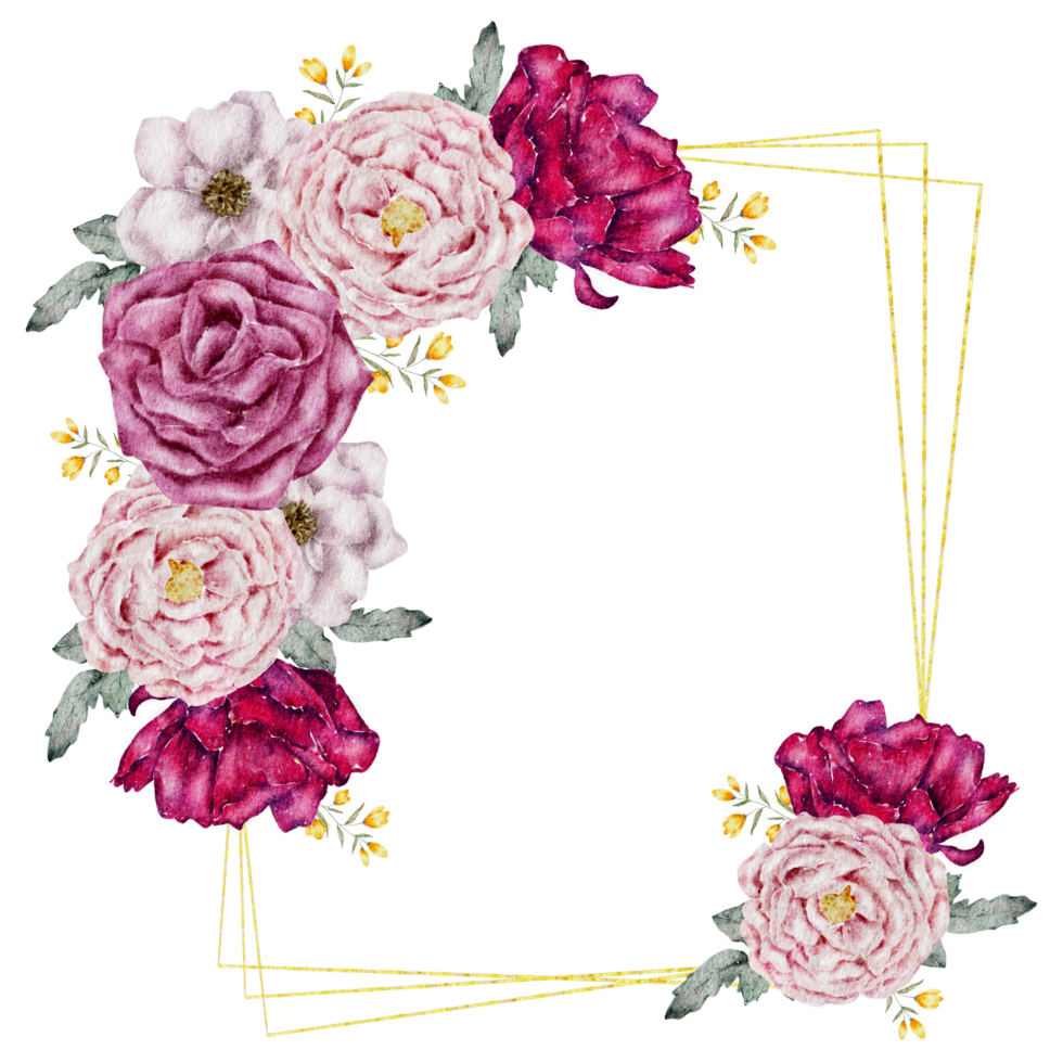 Flower wreath watercolor with gold frame png