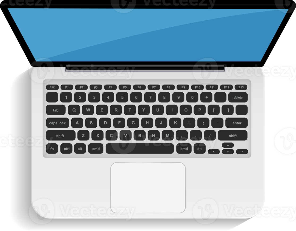 Realistic laptop illustration on blue background. Top view. png