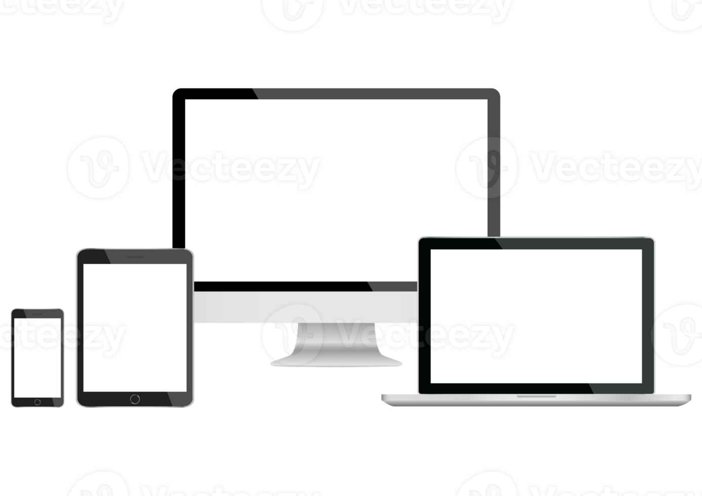 Mockup-Gadget und -Gerät. Smartphones. tabletten, laptops und computermonitore schwarz mit leerem bildschirm. png