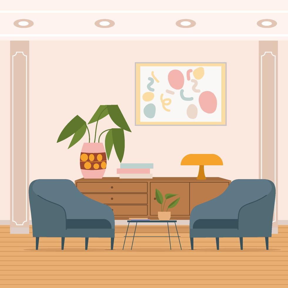 Retro Living Room With Painting And Plant Concept vector