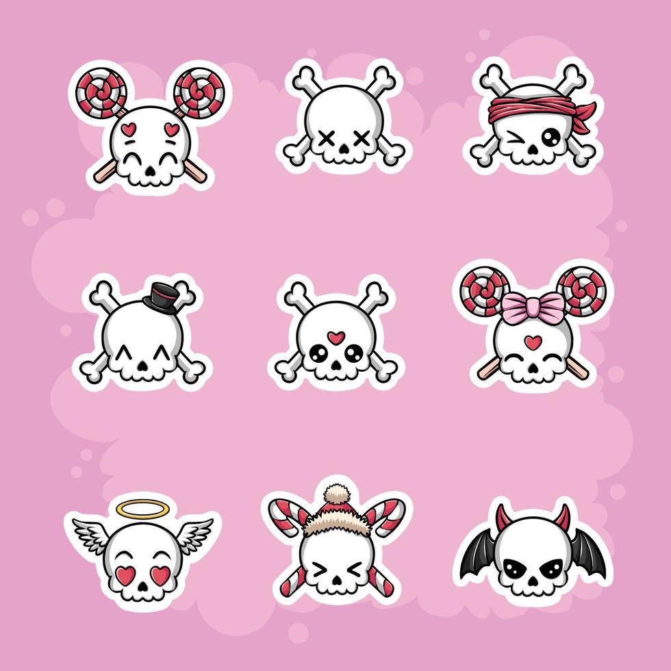 Handdrawn Aesthetics Skull Kawaii Sticker Set vector