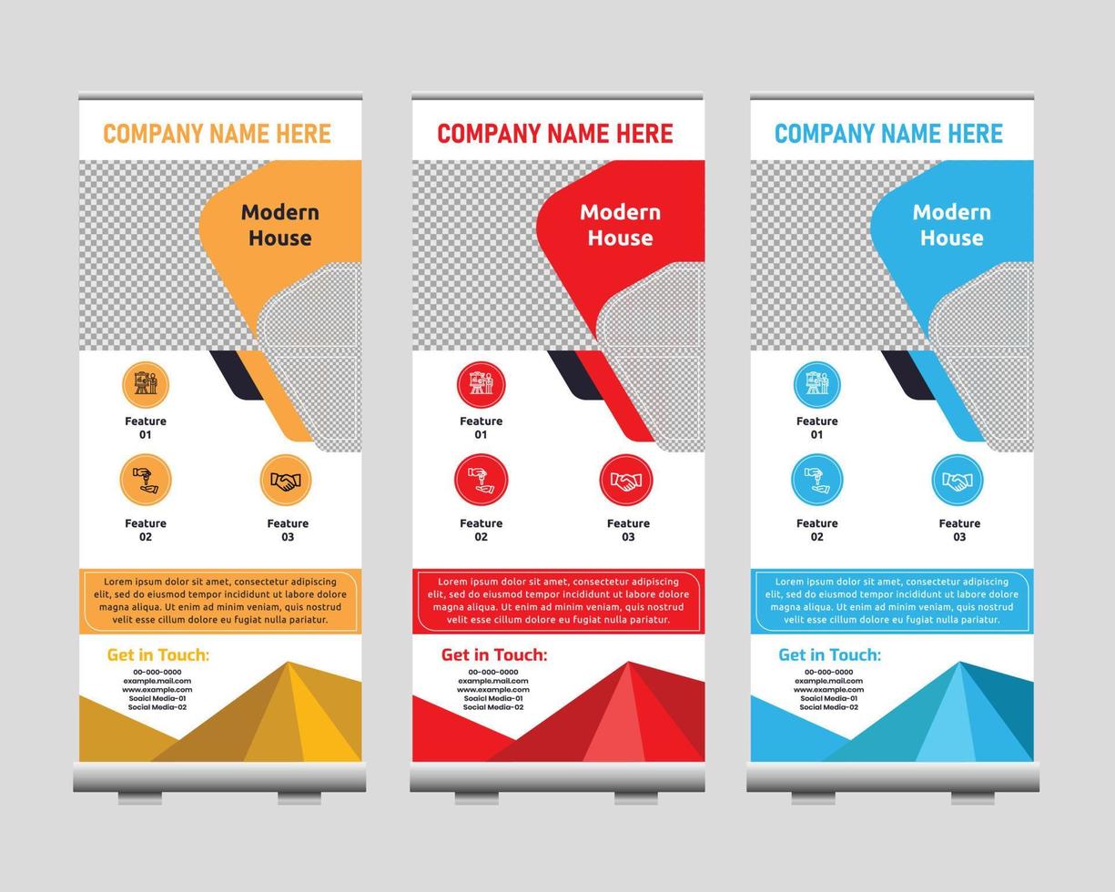 Banner roll-up design, business concept. Graphic template roll-up for exhibitions,  banner for seminar, layout for placement of photos. Universal stand for conference, promo banner vector background