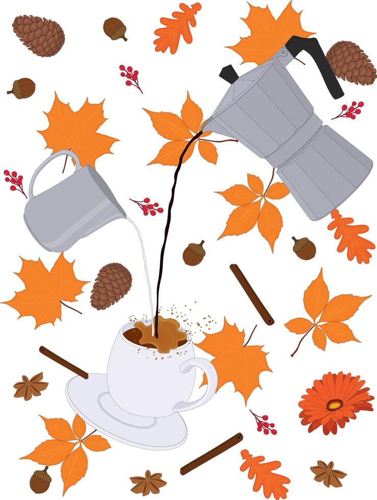 Special autumn themed cup of coffee in motion with coffee and milk pots surrounded with orange color leaves vector illustration