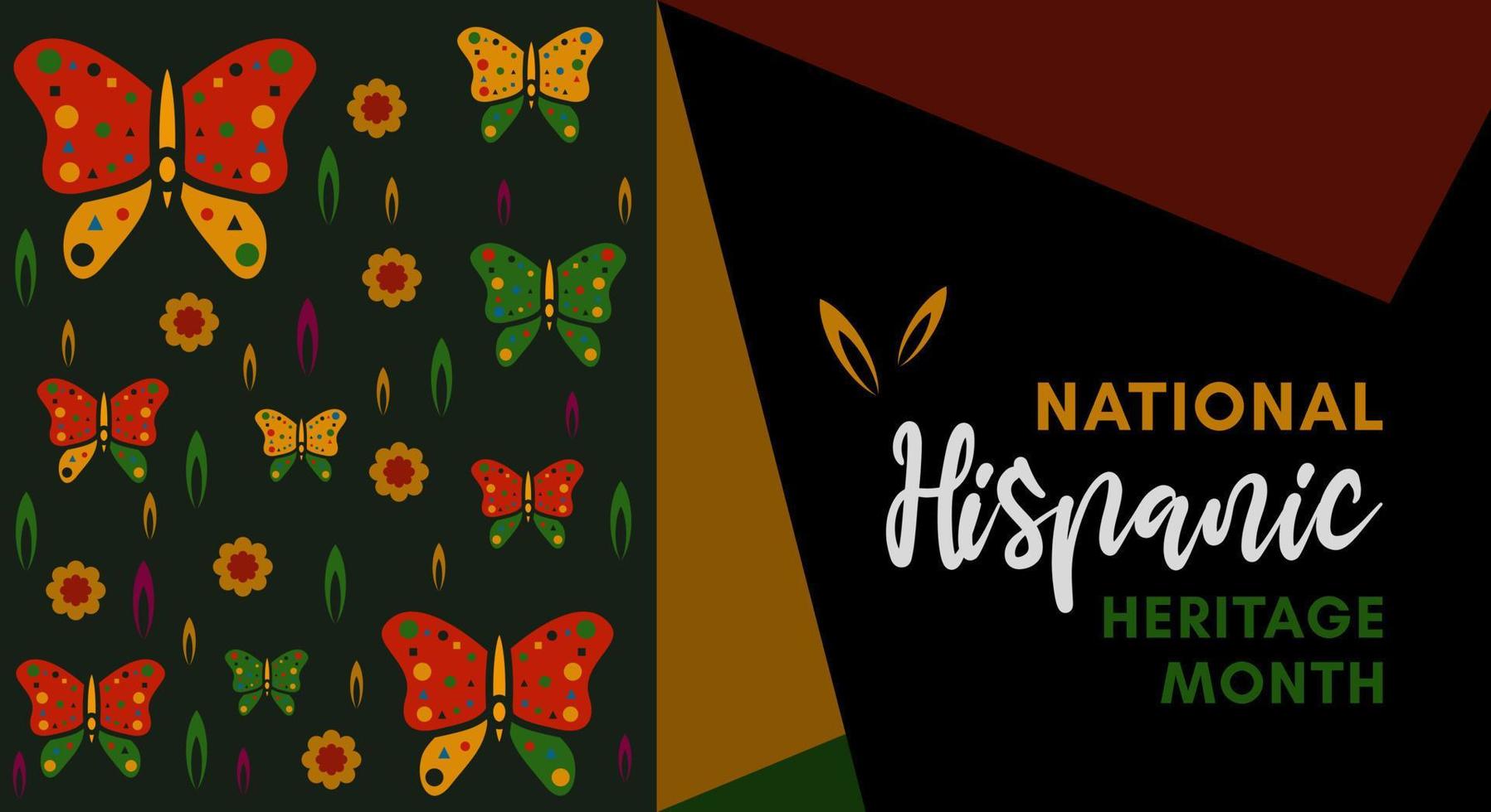 Hispanic heritage month. Abstract floral ornament background design, retro style with text, butterfly, flower vector