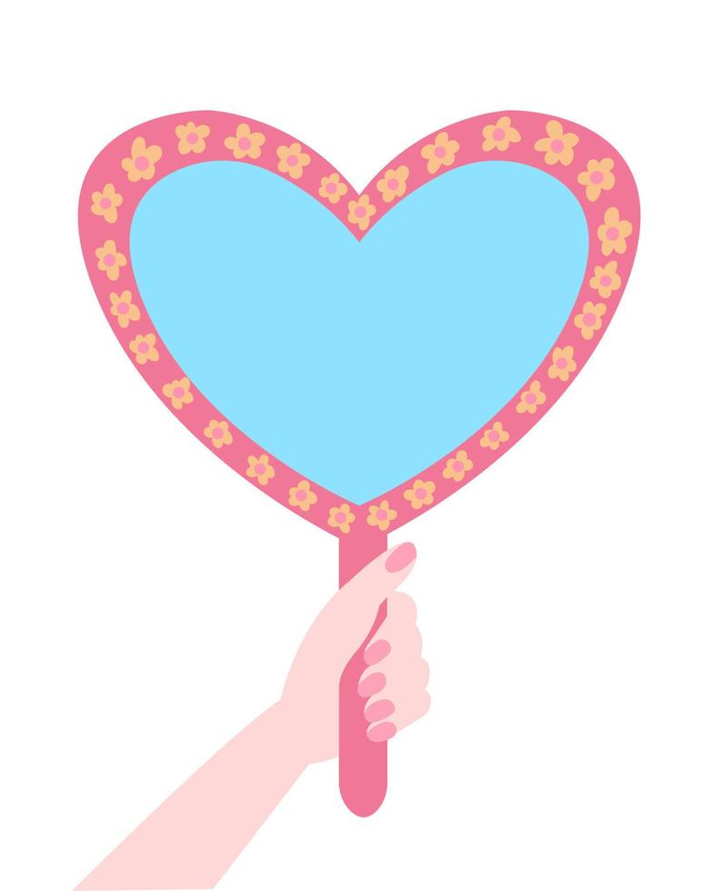 Woman hand holding heart shape mirror vector illustration. Flat style hear mirror template vector.