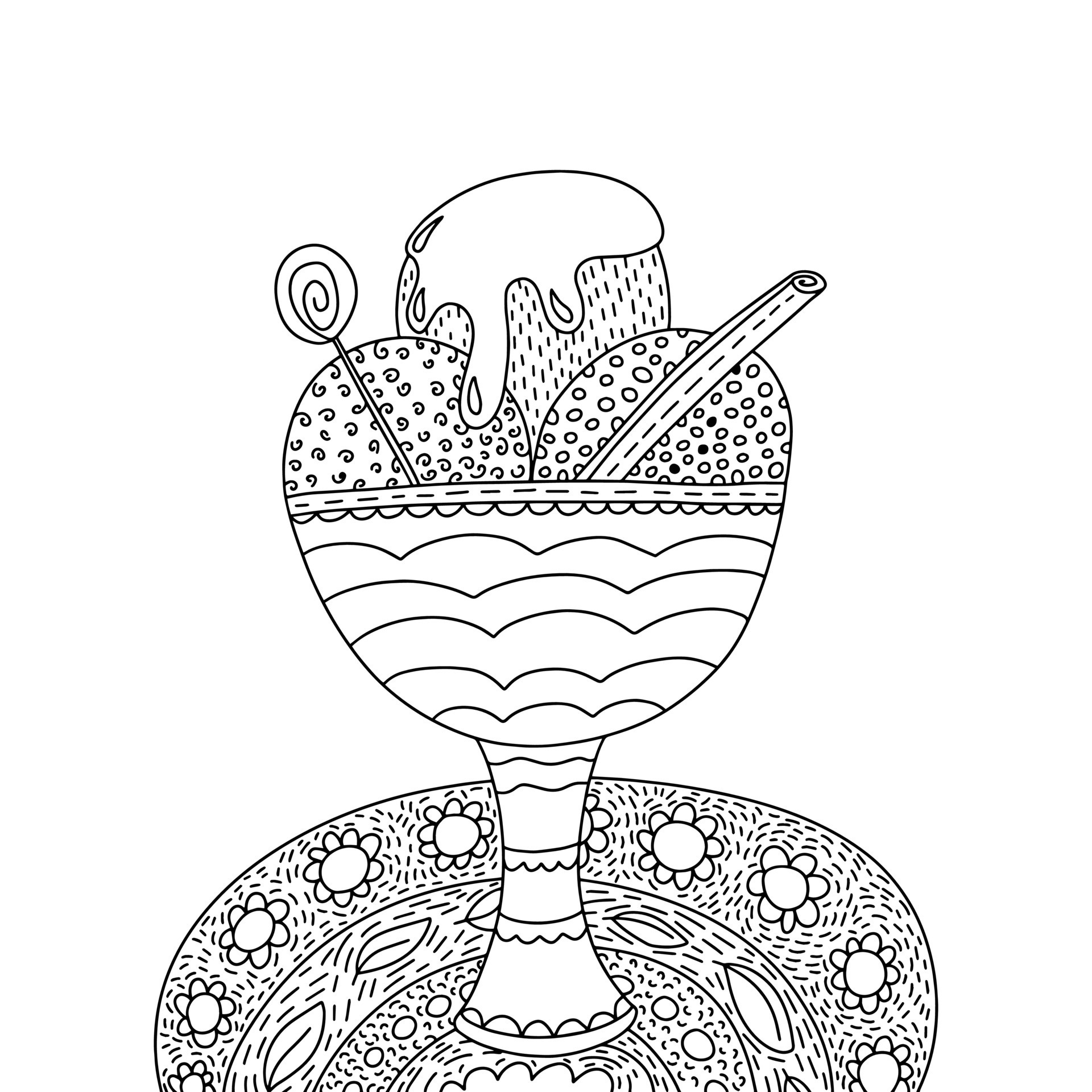 Coloring page with ice cream in glass bowl vector illustration. Cute