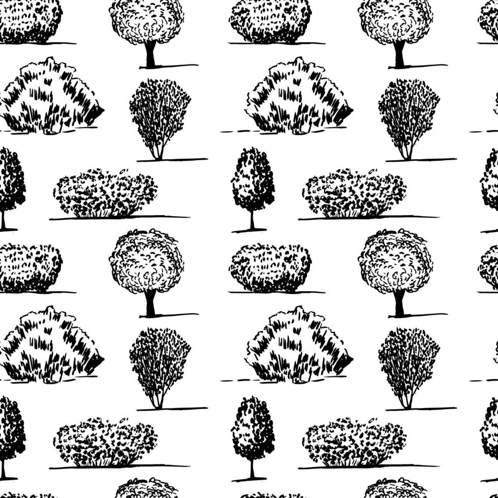 Vector different kinds of trees semless pattern. Tree silhouette hand drawn seamless pattern
