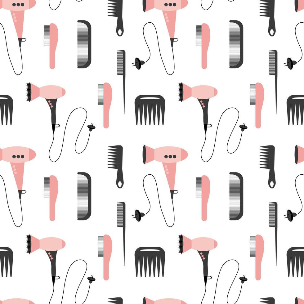 Hair salon vector seamless pattern. Flat seamless pattern with hair dryer and comb on white background.