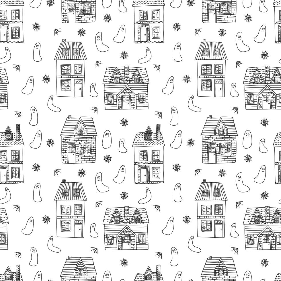 Hand drawn country house with ghost and web seamless pattern. Scandinavian house with roof vector doodle pattern isolated on white background. Halloween background.