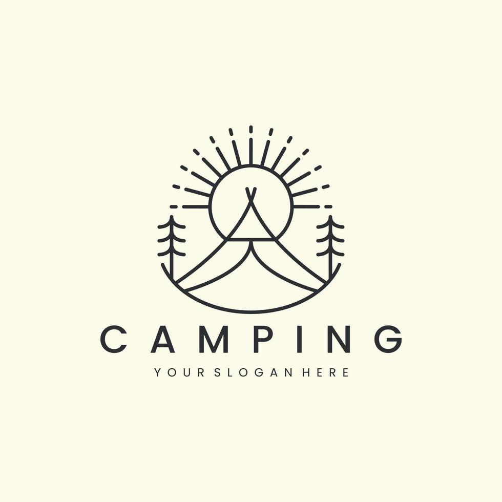 camping with line art style logo vector illustration. tent, sun, tree adventure icon template design