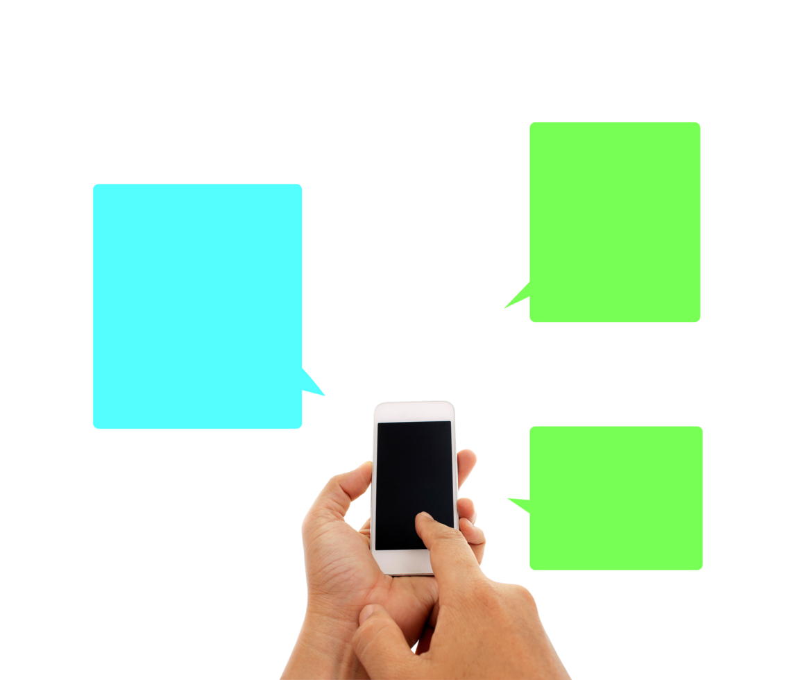 Phone in hand - to work on a smartphone with opening speech on transparent background png file