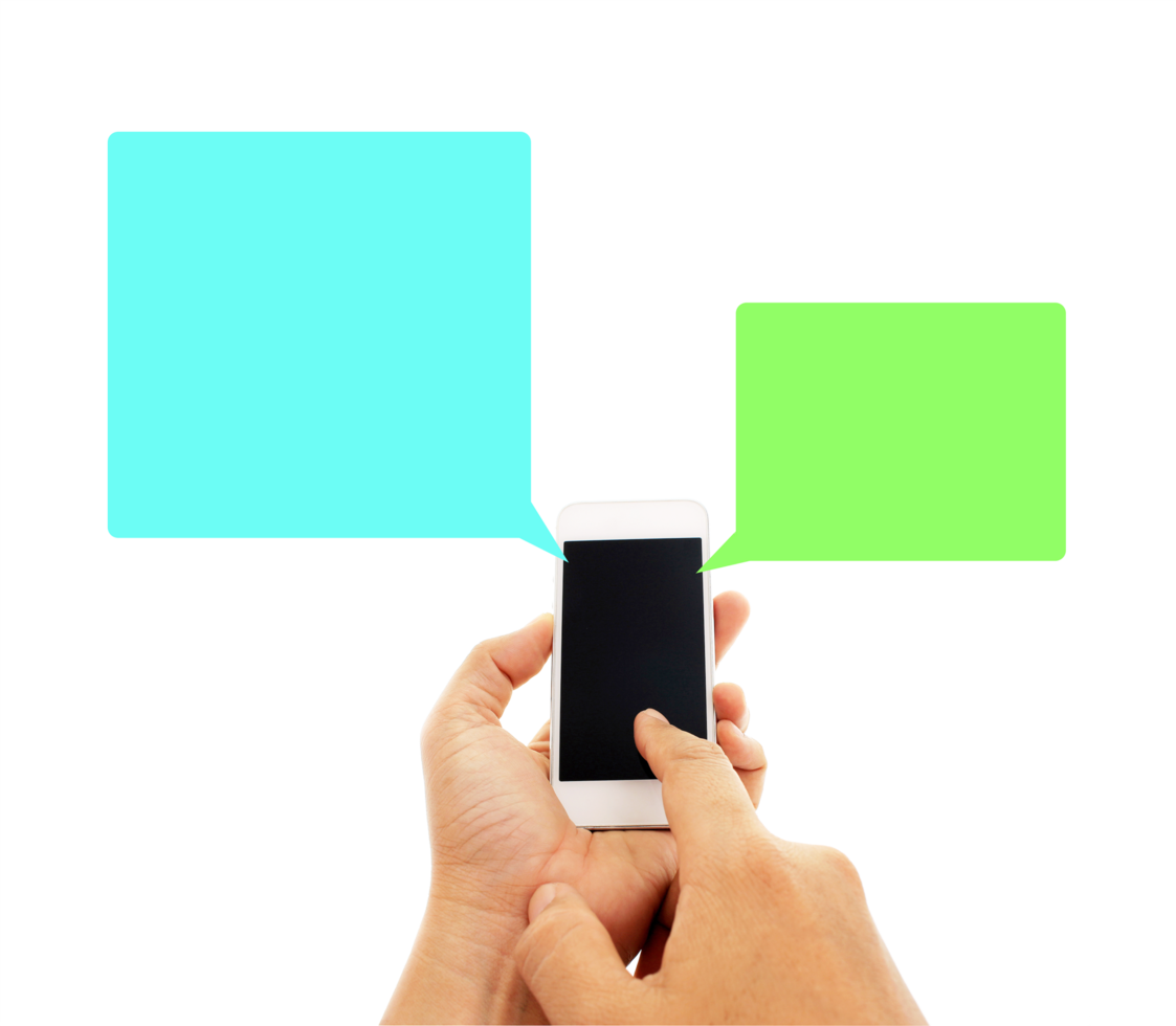 Phone in hand - to work on a smartphone with opening speech on transparent background png file