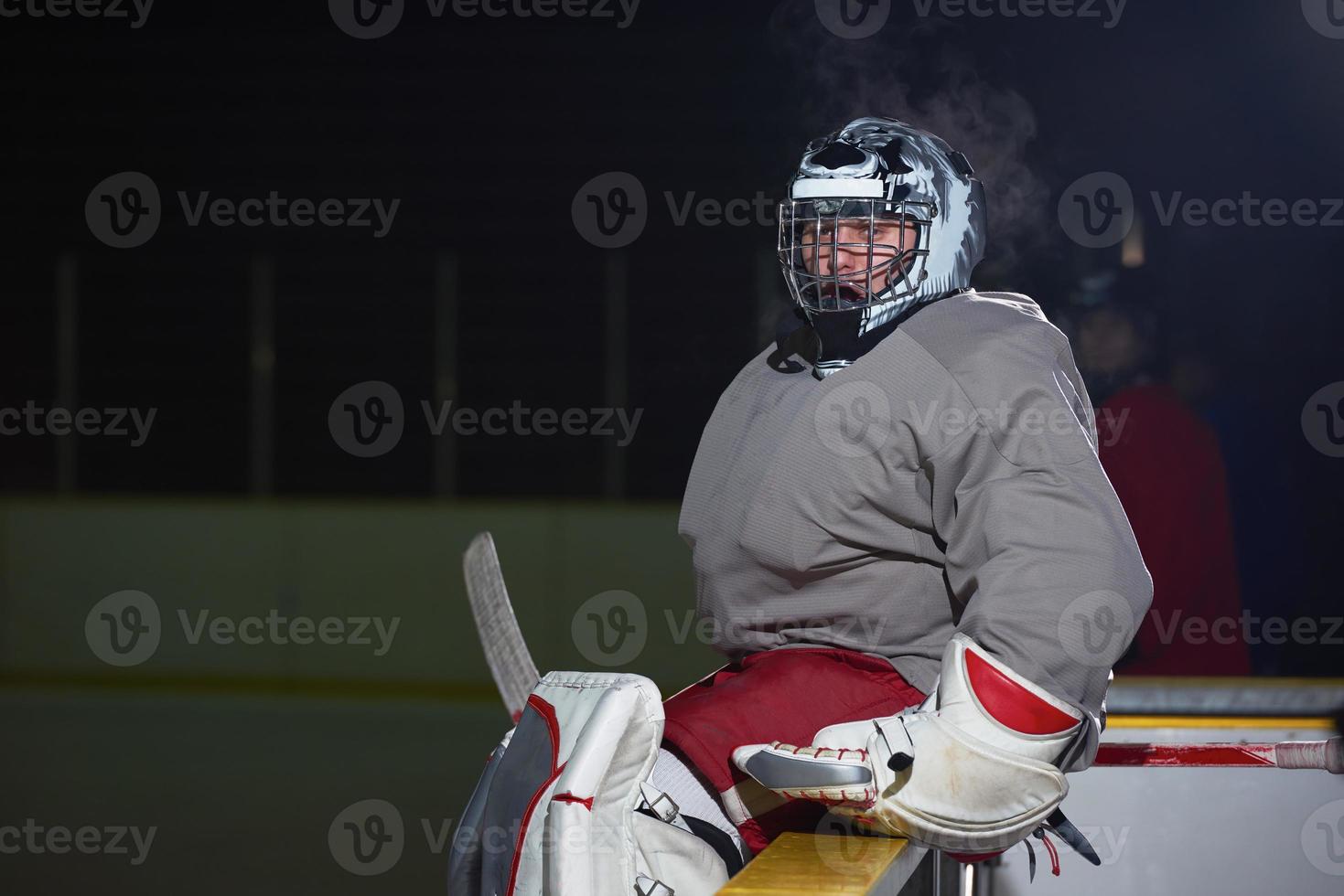 jugadores de hockey sobre hielo en el banco foto