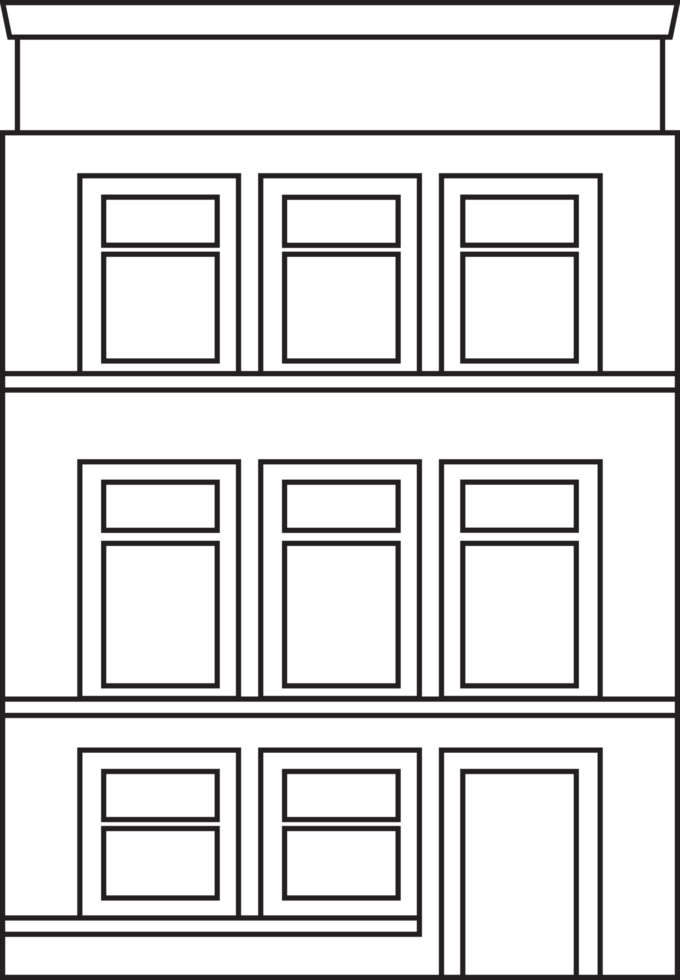 Outline drawing classic row house front elevation view. png