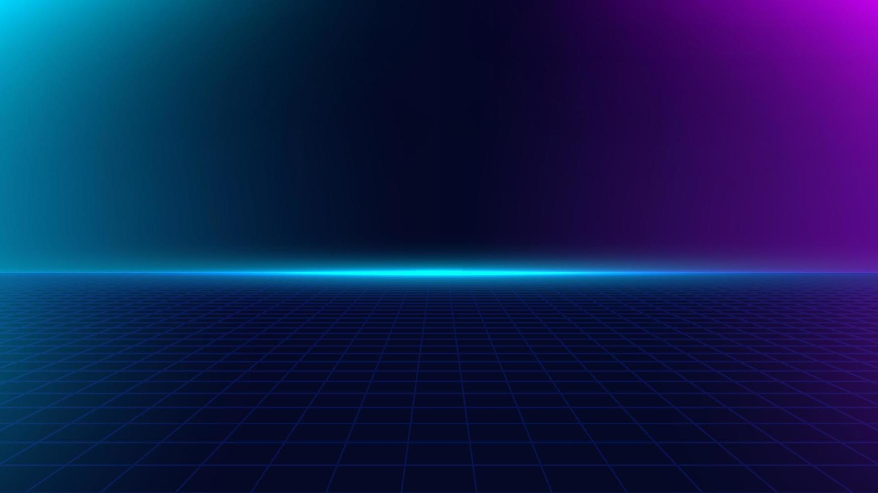 Abstract blue and pink glowing light beam background with lines grid floor retro style vector