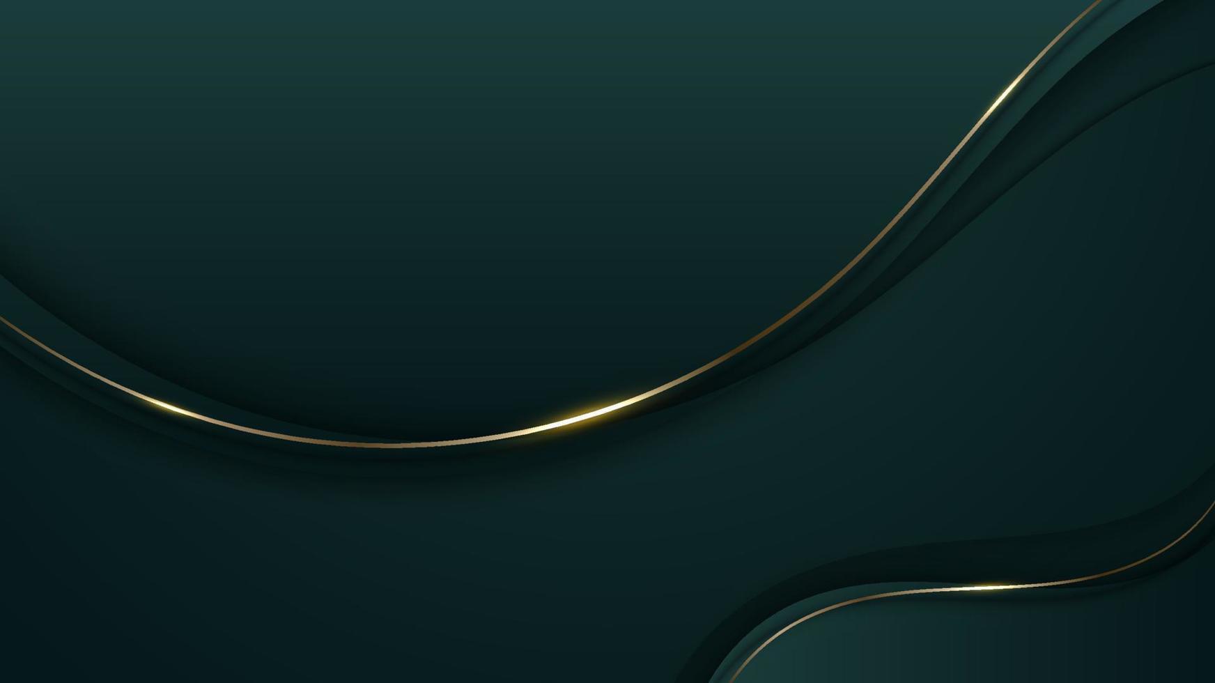 Abstract 3D luxury green color wave lines with shiny golden curved line decoration and glitter lighting on gradient dark background vector