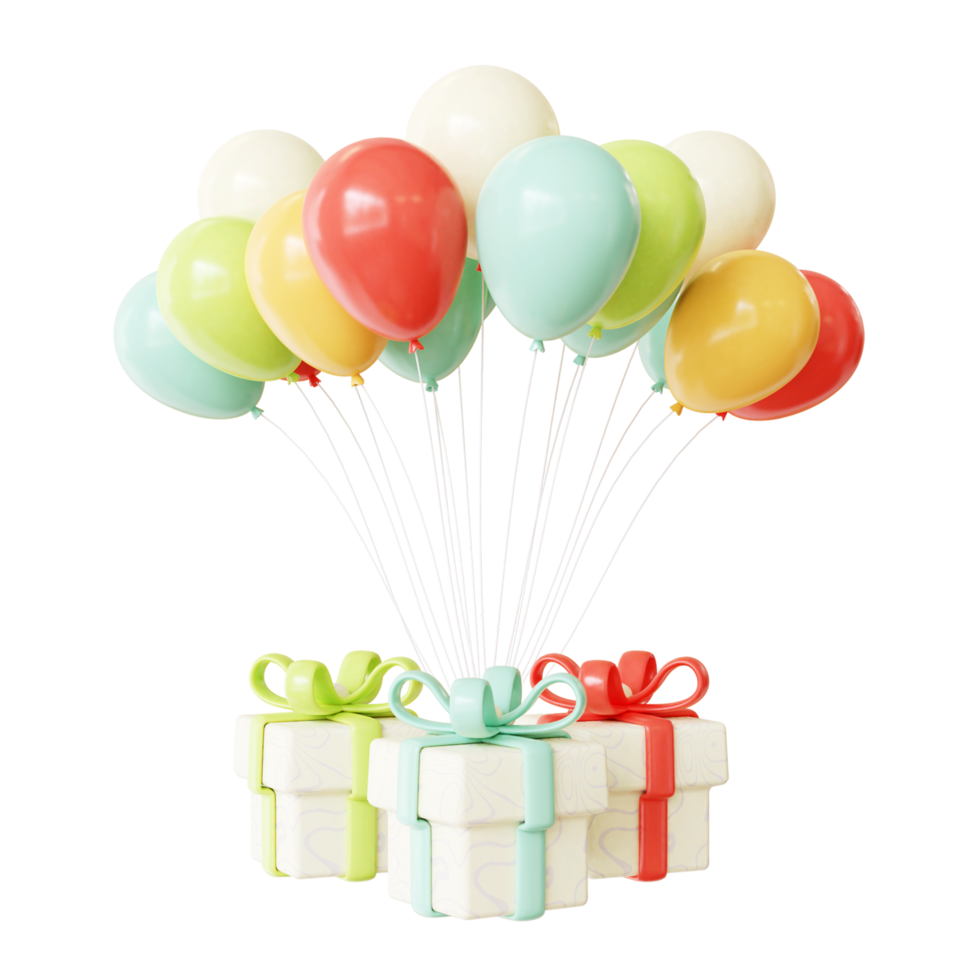 Ballon de couleur d'anniversaire 3d et boîte-cadeau png