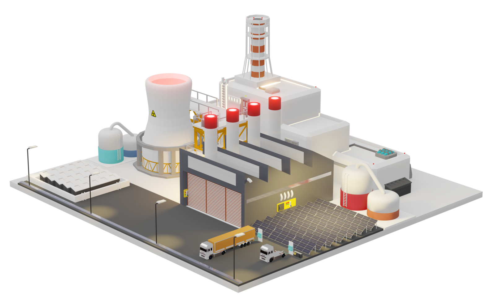 industriell växt med sol- paneler png ev laddning elektrisk systemet i de fabrik sol- energi 3d illustration