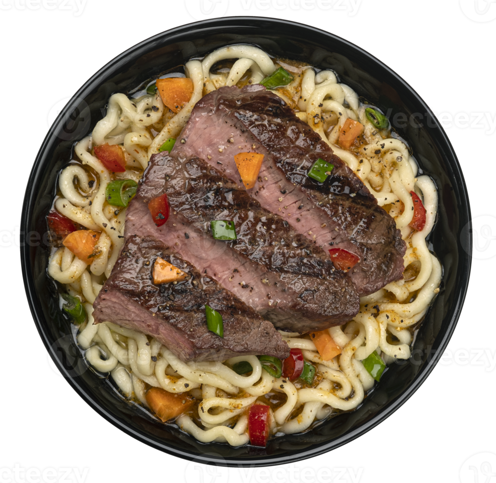 Instant noodles with grilled beef meat in black bowl isolated, top view png