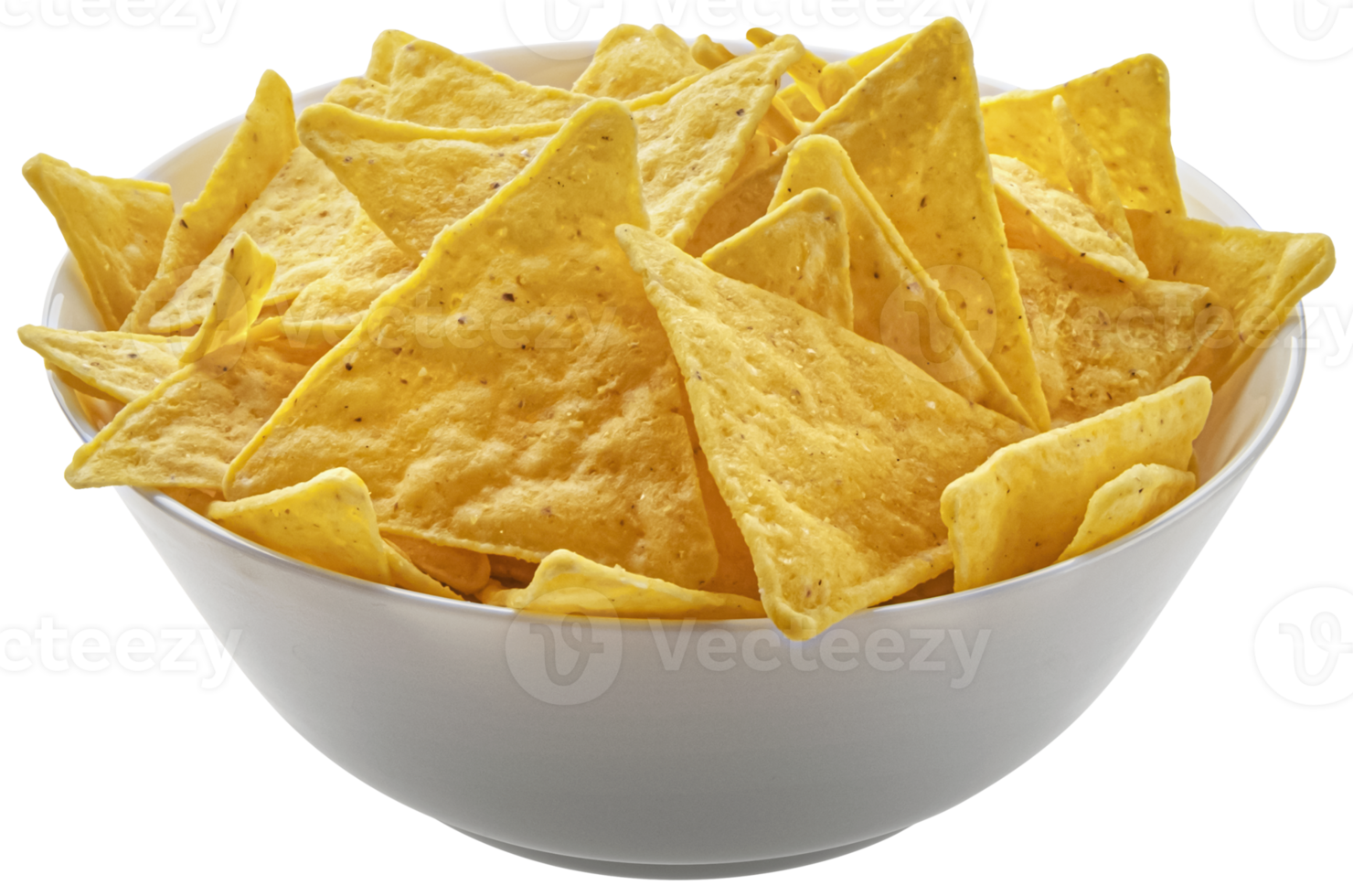 salgadinhos de milho, nachos mexicanos isolados no fundo branco com traçado de recorte png