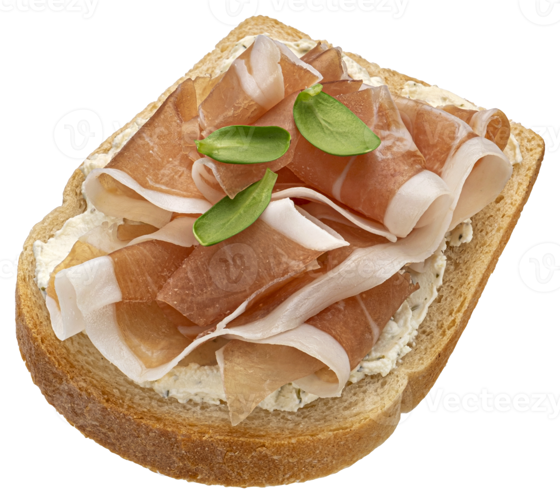 Toasted bread with prosciutto isolated on white background with clipping path png