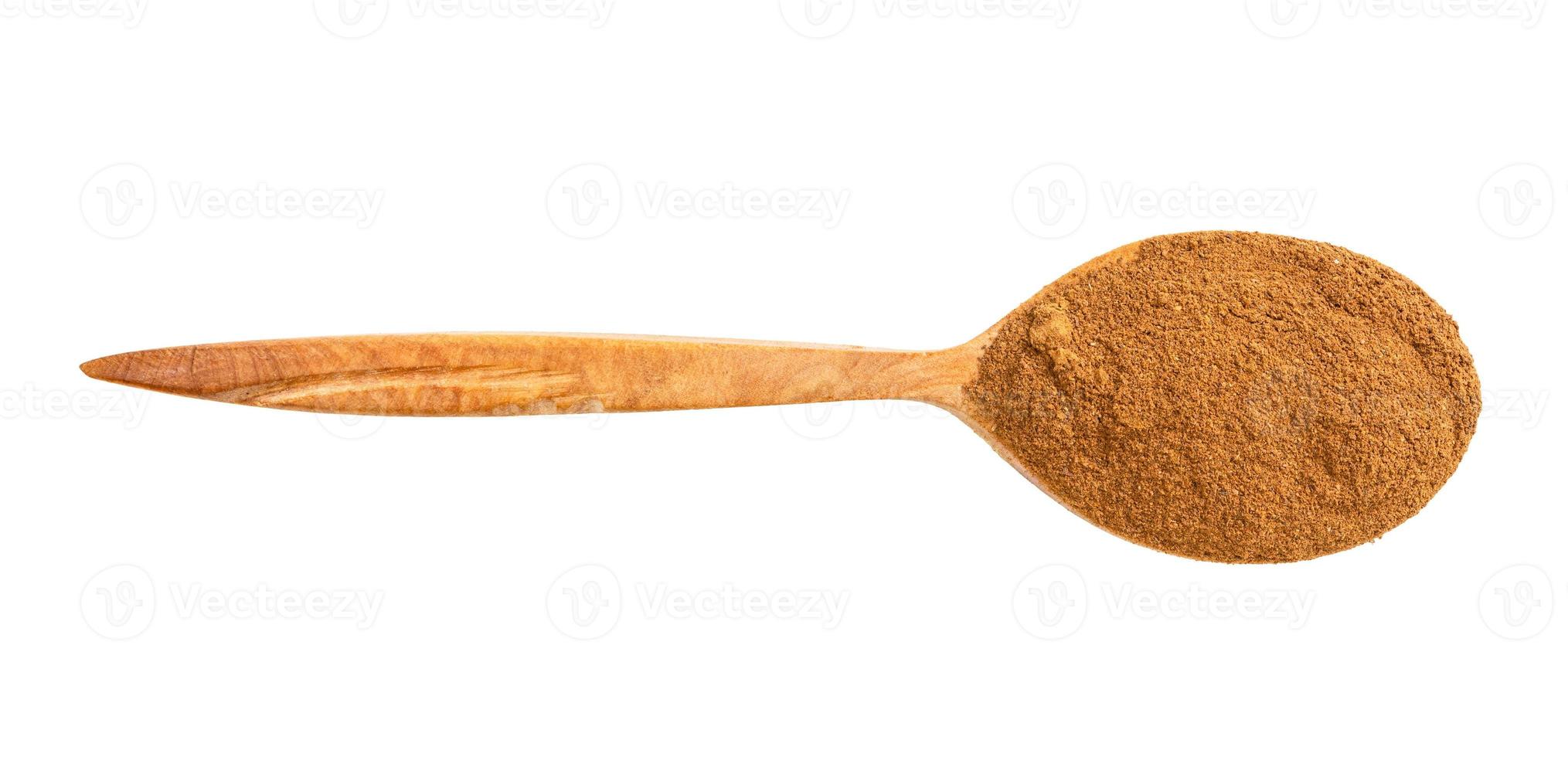 top view of wood spoon with cinnamon powder photo