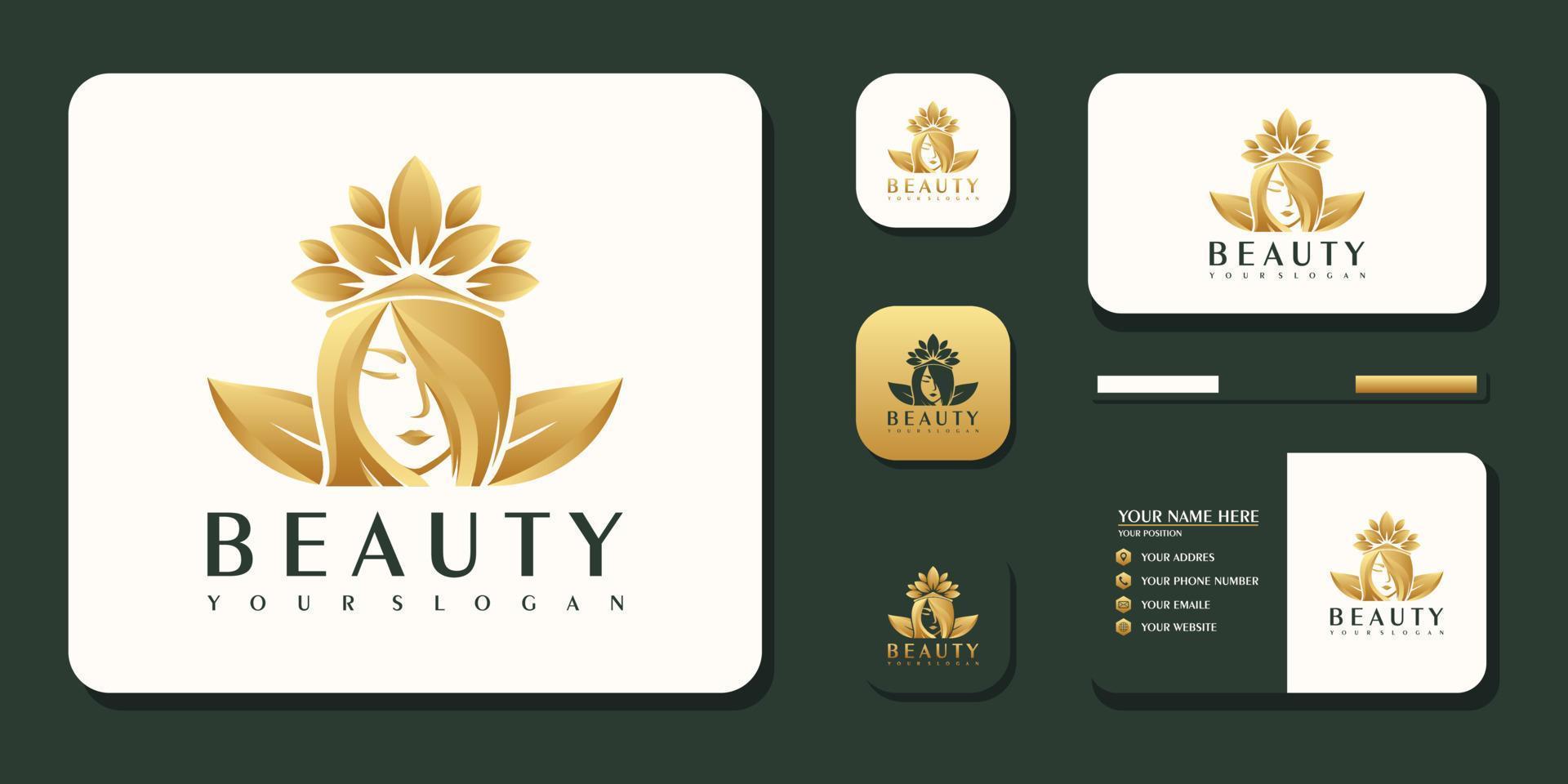 mujeres de belleza, cuidado de la belleza, cara de mujer, color dorado, elegancia, logotipo y vector premium de referencia de tarjeta de visita