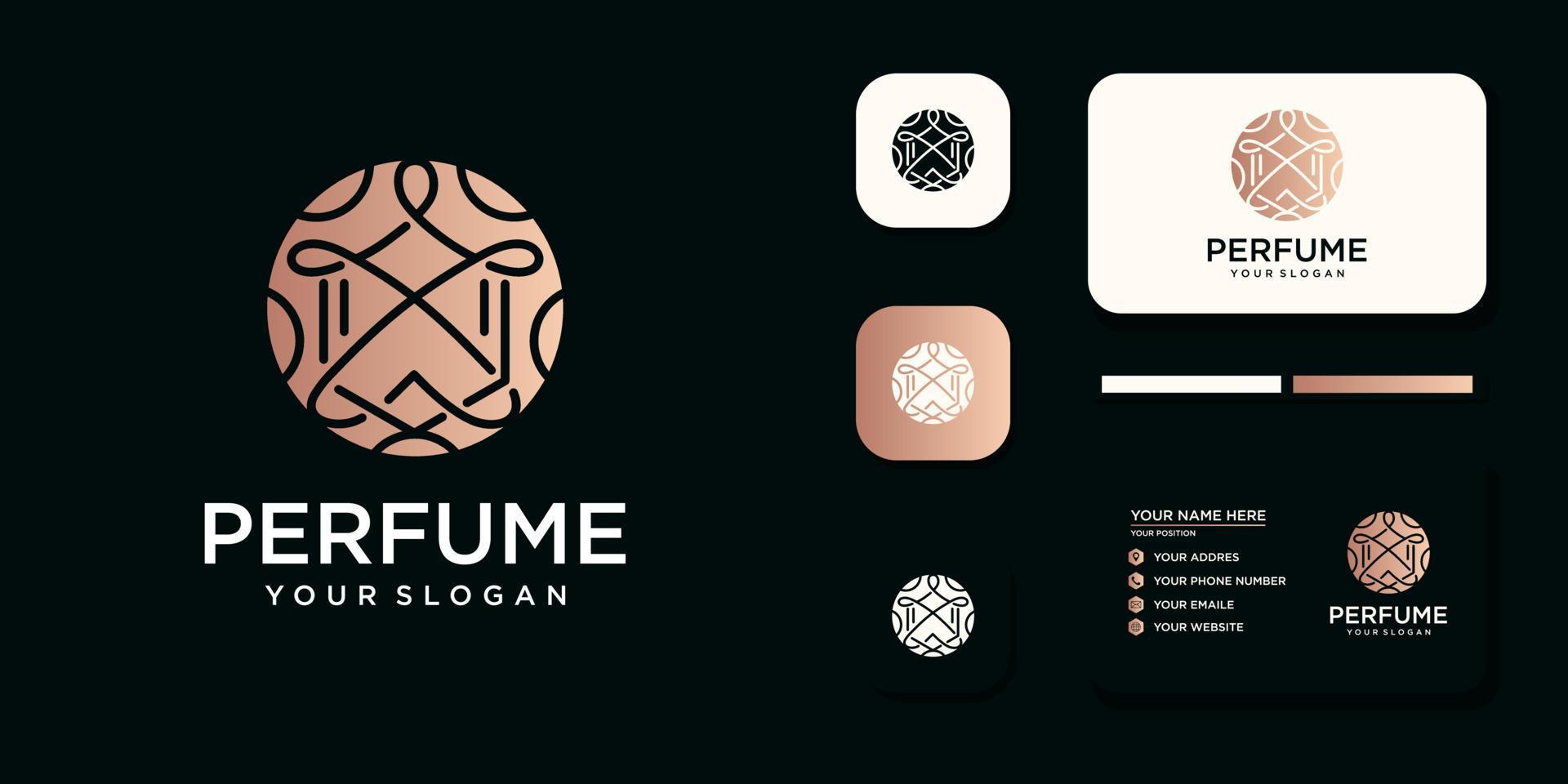 Luxury perfume logo with bottle design and business card template reference vector