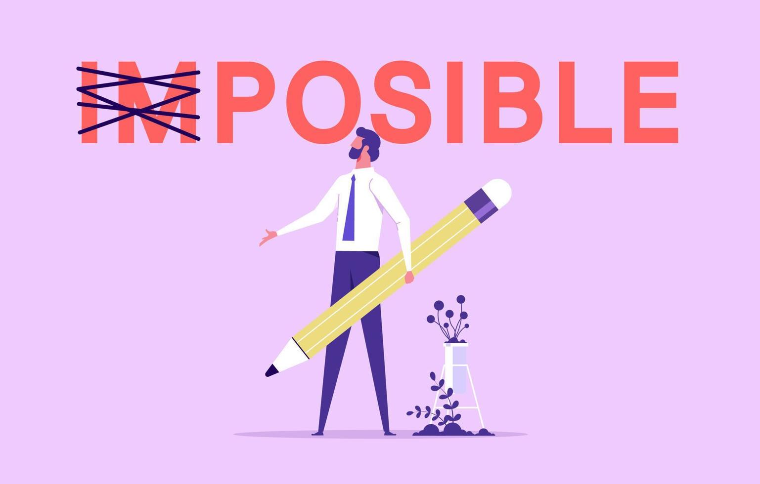 Make it possible, erase im word from impossible and believe we can do it, challenge or hope to overcome difficulty and achieve success concept, businessman using pencil to delete im from impossible vector