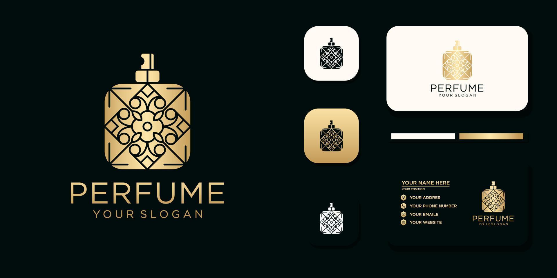 logotipo de perfume de lujo con diseño de botella y referencia de plantilla de tarjeta de visita vector
