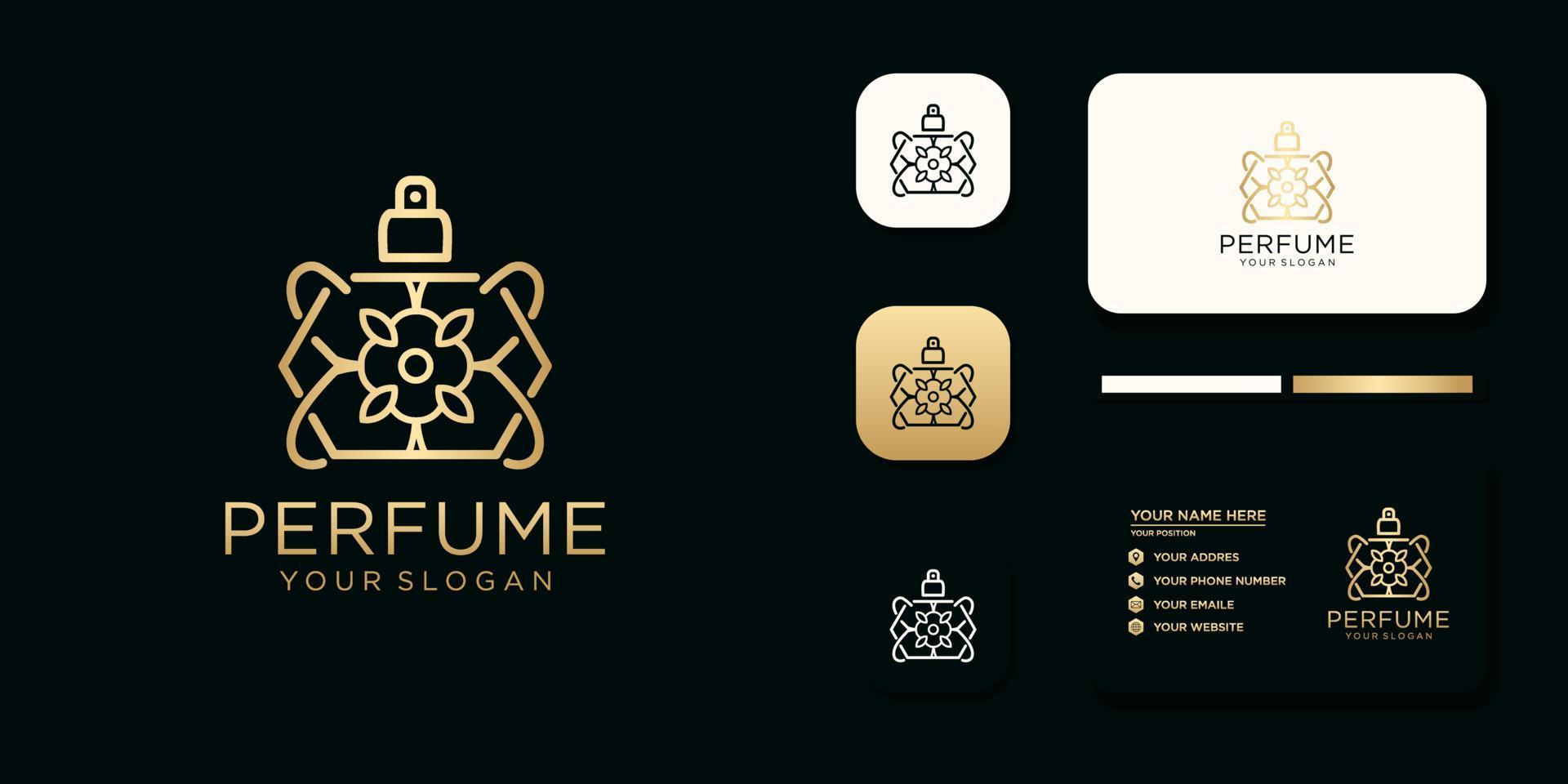 Luxury perfume logo with bottle design and business card template reference vector
